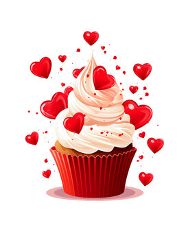 Illustration of a cupcake with frosting and hearts decorations on white background 