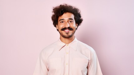 Obraz premium A senior man with varying skin tones poses happily against a studio-lit pinkish background.