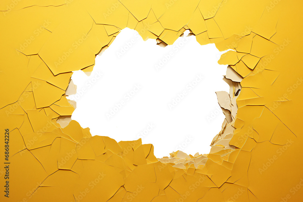 Wall mural a yellow sheet of paper with a hole ripped and torn through the centre aperture opening making a fra