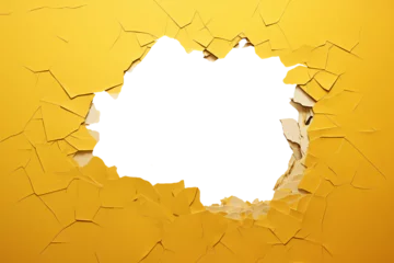 Foto op Plexiglas A yellow sheet of paper with a hole ripped and torn through the centre aperture opening making a frame or border for the underlying document, computer Generative AI stock illustration image © Tony Baggett