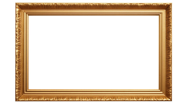 Gold gilt landscape picture frame with an empty blank canvas for use as a border or home décor, png file cut out and isolated on a transparent background, computer Generative AI stock illustration