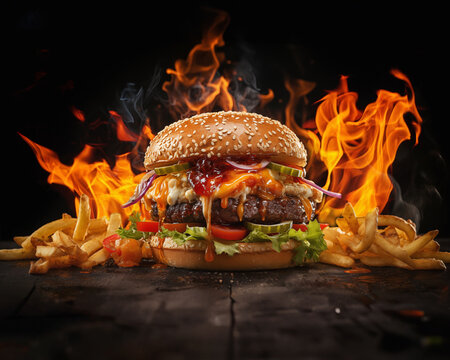 Fire embers particles over black background. Tasty burger on grill Background - Empty Fired Barbecue On Black . Abstract dark glitter fire particles lights.