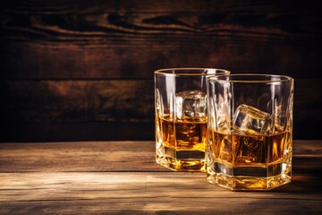 whiskey with ice on a wooden table