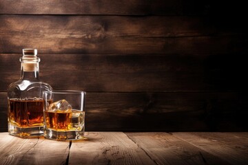 whiskey with ice on a wooden table