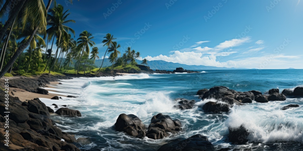 Poster a view of a beach with palm trees and waves.