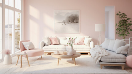 illustration of a living room interior in pastel Scandinavian design