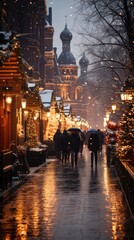 People in Christmas market, an illuminated street. Festive new year lights.