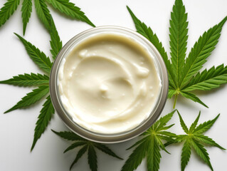 Cannabis-Infused Cream on a White Background, Surrounded by Fresh Leaves