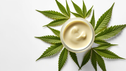 Cannabis-Infused Cream on a White Background, Surrounded by Fresh Leaves - obrazy, fototapety, plakaty