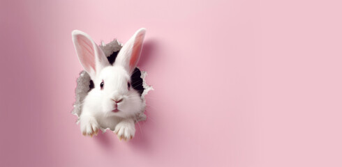 Curious Bunny Poking Through a Tear in Pink Paper, Cute and Playful Concept