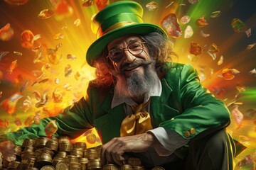 Symbol of Abundance: Leprechaun in Green Suit with Gold Coins - obrazy, fototapety, plakaty