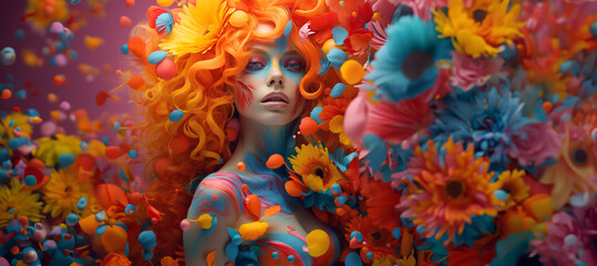 Portrait of a beautiful woman with colorful hair and makeup, surrounded by dynamic flowers and...