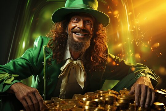 Symbol of Abundance: Leprechaun in Green Suit with Gold Coins