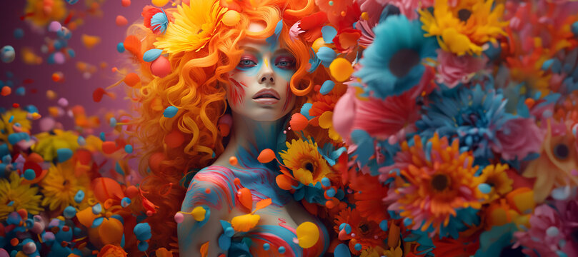 Portrait of a beautiful woman with colorful hair and makeup, surrounded by dynamic flowers and colors