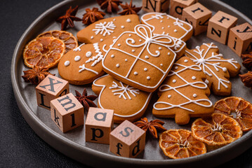 Beautiful Christmas composition with copy space with an inscription in wooden cubes