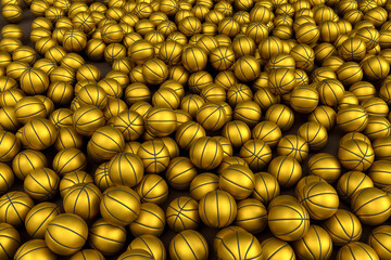Many of flying gold basketball ball falling on dark background