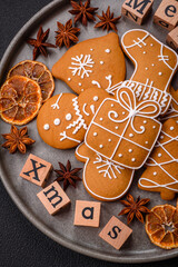 Beautiful Christmas composition with copy space with an inscription in wooden cubes