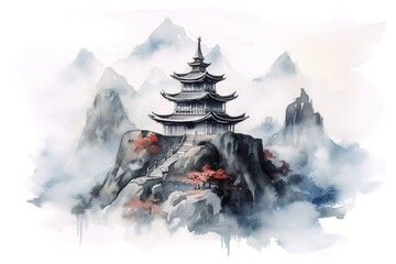 Watercolor Chinese Pagoda Temple High in the Mountains