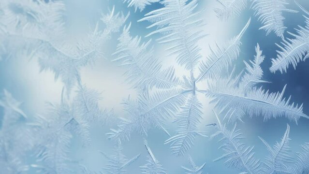 Christmas Winter snow photo Graceful expressive winter natural background, macro texture. Copy space. Frosty pattern on winter window - Seamless loop animation, created using AI Generative Technology