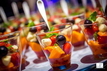Wholesome snacks as canapes and mini portions in catering, emphasizing healthy eating and dietary choices. The image showcases a selection of nutritious and appetizing options for mindful consumption. - obrazy, fototapety, plakaty
