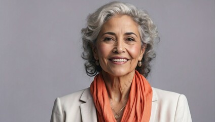 Elegant elderly Hispanic woman smiling, wearing a white blazer and orange scarf, professional portrait, gray hair, friendly expression