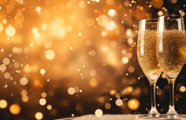 Two flute glasses with sparkling champagne on golden background with golden bokeh lights confetti glitter. New Years eve celebration concept - obrazy, fototapety, plakaty