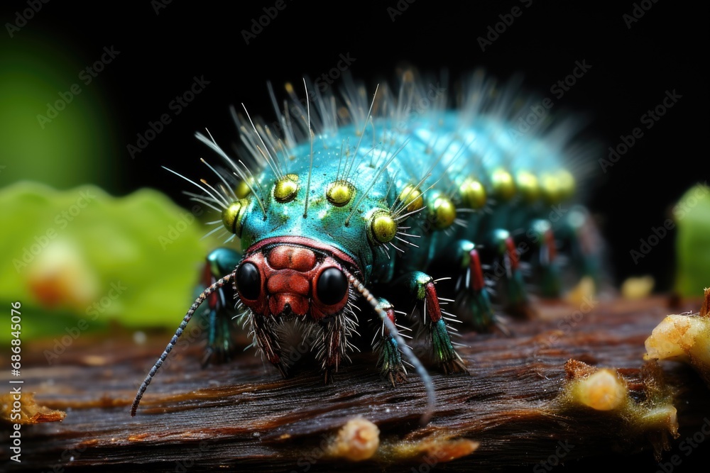 Poster a close up of a colorful insect on a branch.