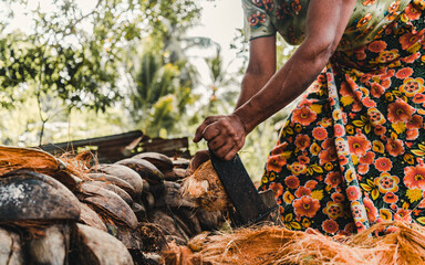 Making of traditional Sri Lankan handmade coconut sambal. Old lady is opening the coconut.