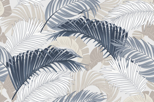Seamless pattern with bright tropical plants on gray background. Vector design. Jungle print. Textile and print.