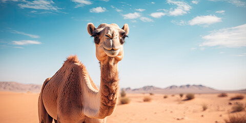 camel in the desert, blue sky, looking at camera
