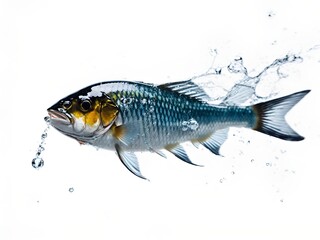 a fish seemingly leaping out of a water splash, on a white background
