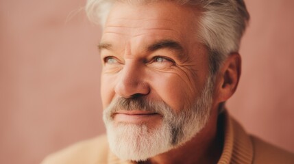 Fototapeta premium Senior gentleman poses against a bright studio background, grinning.