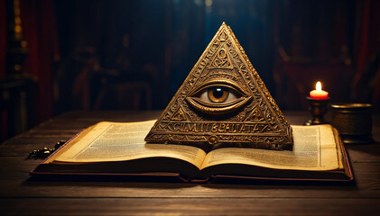 A pyramid with an all-seeing eye on an old book.