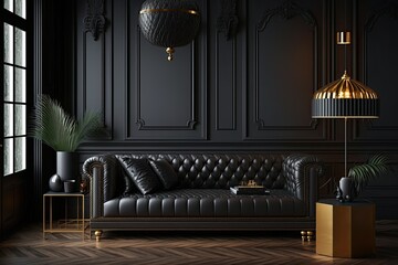 Classic black sofa in classic interior with black walls, parquet floor, black leather sofa, gold pendant lamps