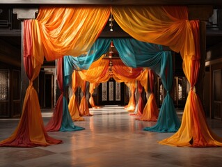 A room with a lot of different colored drapes on the walls.