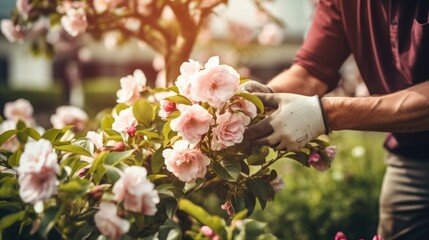 A man in a red shirt is holding a pink flower - Powered by Adobe