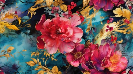 A colorful floral print fabric with red and pink flowers