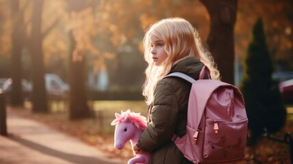 A girl with a backpack and a pink unicorn