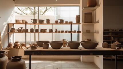 A room filled with lots of pottery on shelves