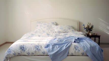 Fototapeta na wymiar A bed with a blue and white comforter on it