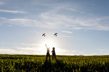 Playful brothers flying airplane toy while standing on grass in meadow