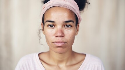Closeup shot of a Moroccan woman with flaws in her skin, posing against a light beige studio setting.