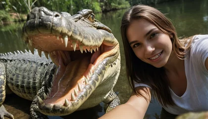 Foto op Plexiglas girl taking a selfie in the water with crocodile © franck