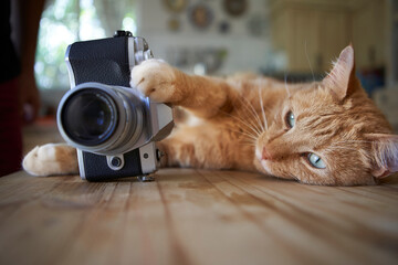 Ginger cat lying on kitche table, holding camera