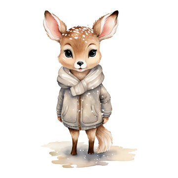 Reh Kitz Watercolor Illustration Aquarell Stilisiert Winteroutfit Kinderzimmer Wandkunst Handgemalt Waldtier Gem&uuml;tliche Atmosph&auml;re Niedliche Tierkunst Geschenkidee