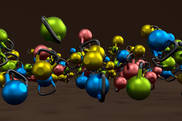 Many of flying sport equipment sport like rubber kettlebell on black background