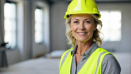 Friendly middle-aged Caucasian female construction worker in a neon safety vest and white helmet, smiling, light interior