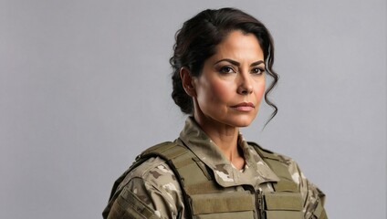 Middle-aged Hispanic female soldier with determined expression wearing tactical military vest against a neutral background