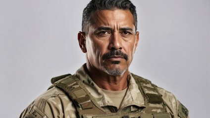 Hispanic middle-aged male soldier in camouflage gear with a stoic expression, military portrait, grey background