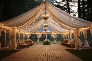 Papier Peint photo Camping Outdoor wedding tent decorated with flowers, outdoor wedding
